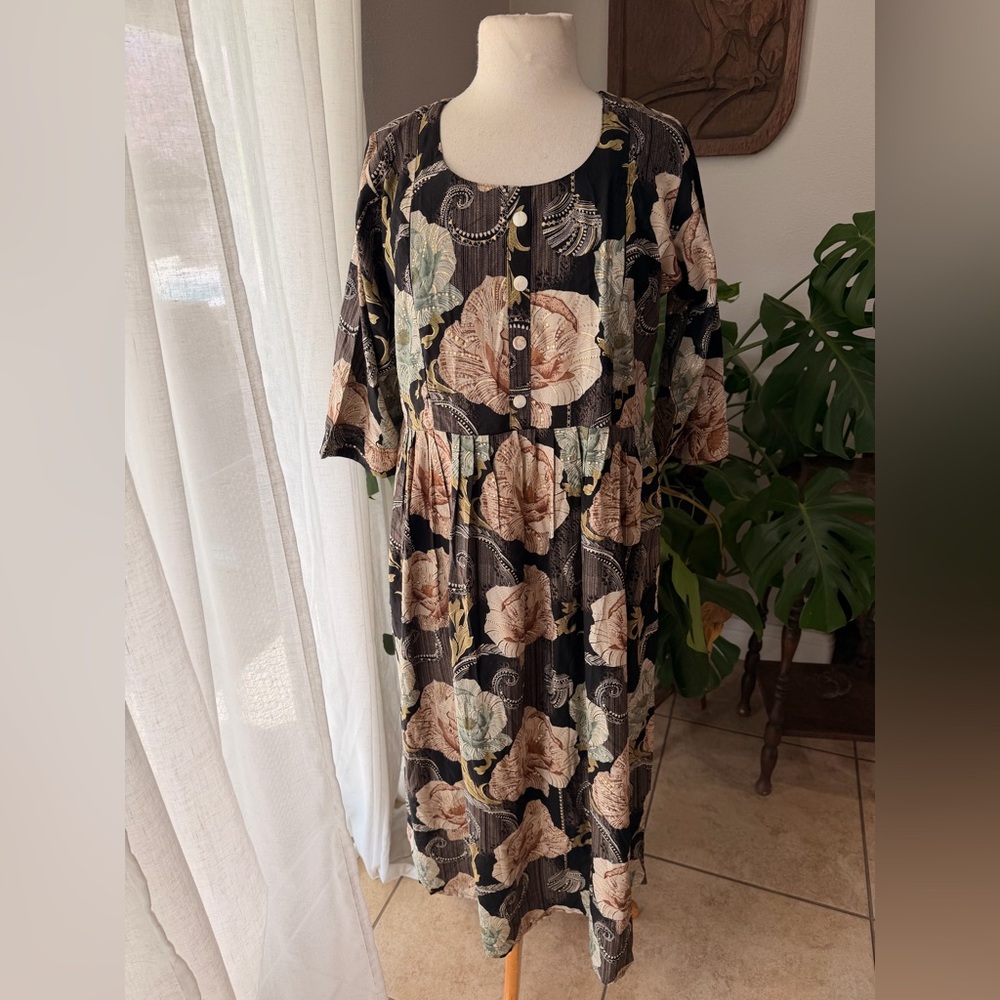 ZOLA Floral Midi Dress XL | Vintage Style Button Front Zip | Boho Fall